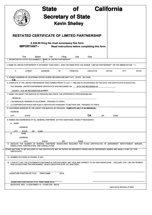 Fillable Form Lp-10 - Restated Certificate Of Limited Partnership Printable pdf