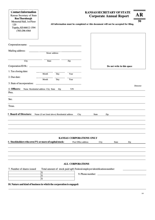 Form Ar 50 - Corporate Annual Report Printable pdf