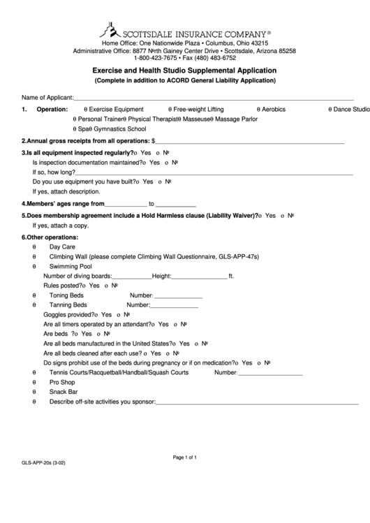 Exercise And Health Studio Supplemental Application Printable pdf
