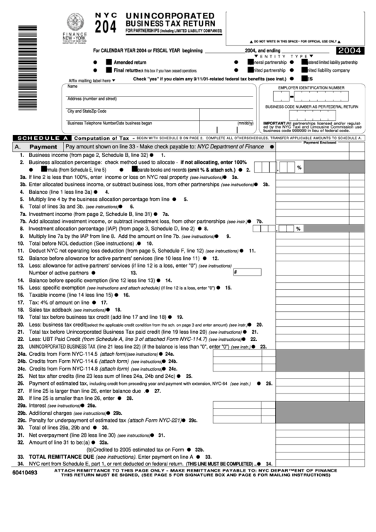 Fillable Form Nyc-204 - Unincorporated Business Tax Return - 2004 Printable pdf