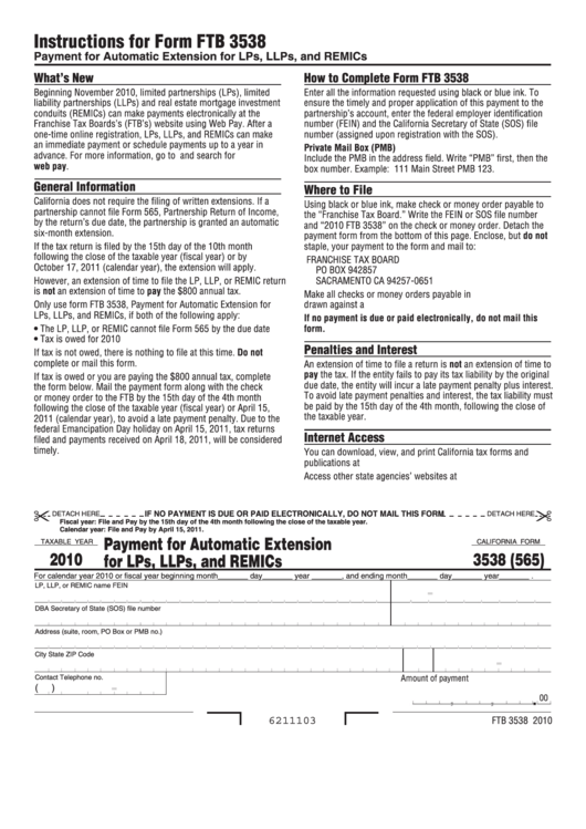 Fillable Form Ftb 3538 (565) - Payment For Automatic Extension For Lps, Llps, And Remics - 2010 Printable pdf