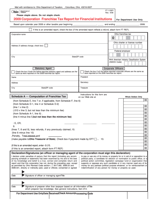 Form Ft 1120fi - Corporation Franchise Tax Report For Financial Institutions - 2009 Printable pdf