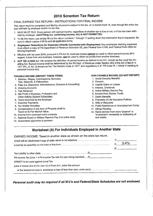 2010 Scranton Tax Return - Final Earned Tax Return - Instructions For Final Income Printable pdf