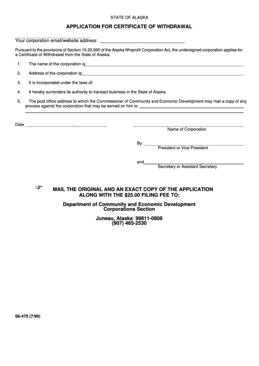Fillable Form 08-475 - Application For Certificate Of Withdrawal - Department Of Community And Economic Development Printable pdf