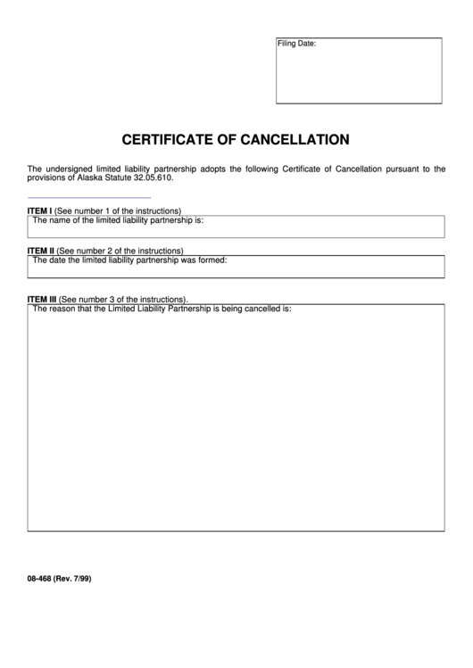 Fillable Form 08-468 - Certificate Of Cancellation Printable pdf
