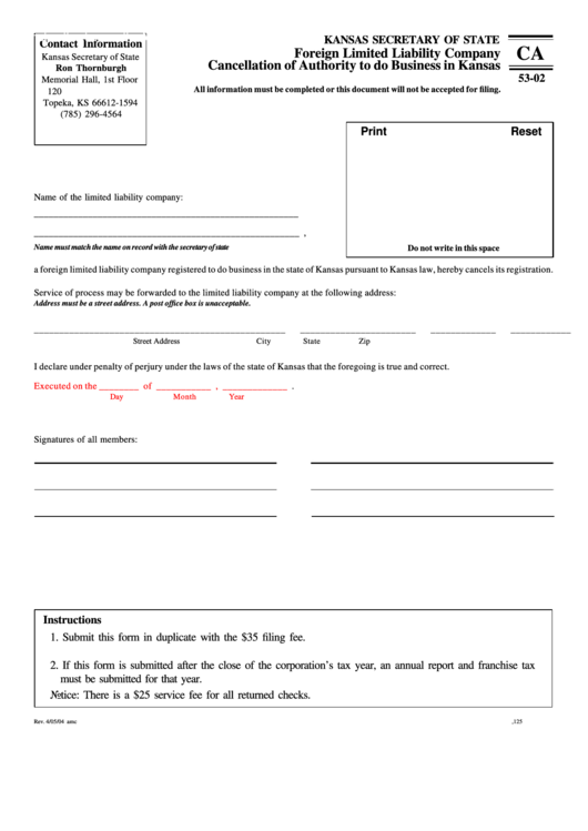 Fillable Form Ca 53-02 - Foreign Limited Liability Company Cancellation Of Authority To Do Business In Kansas - 2004 Printable pdf