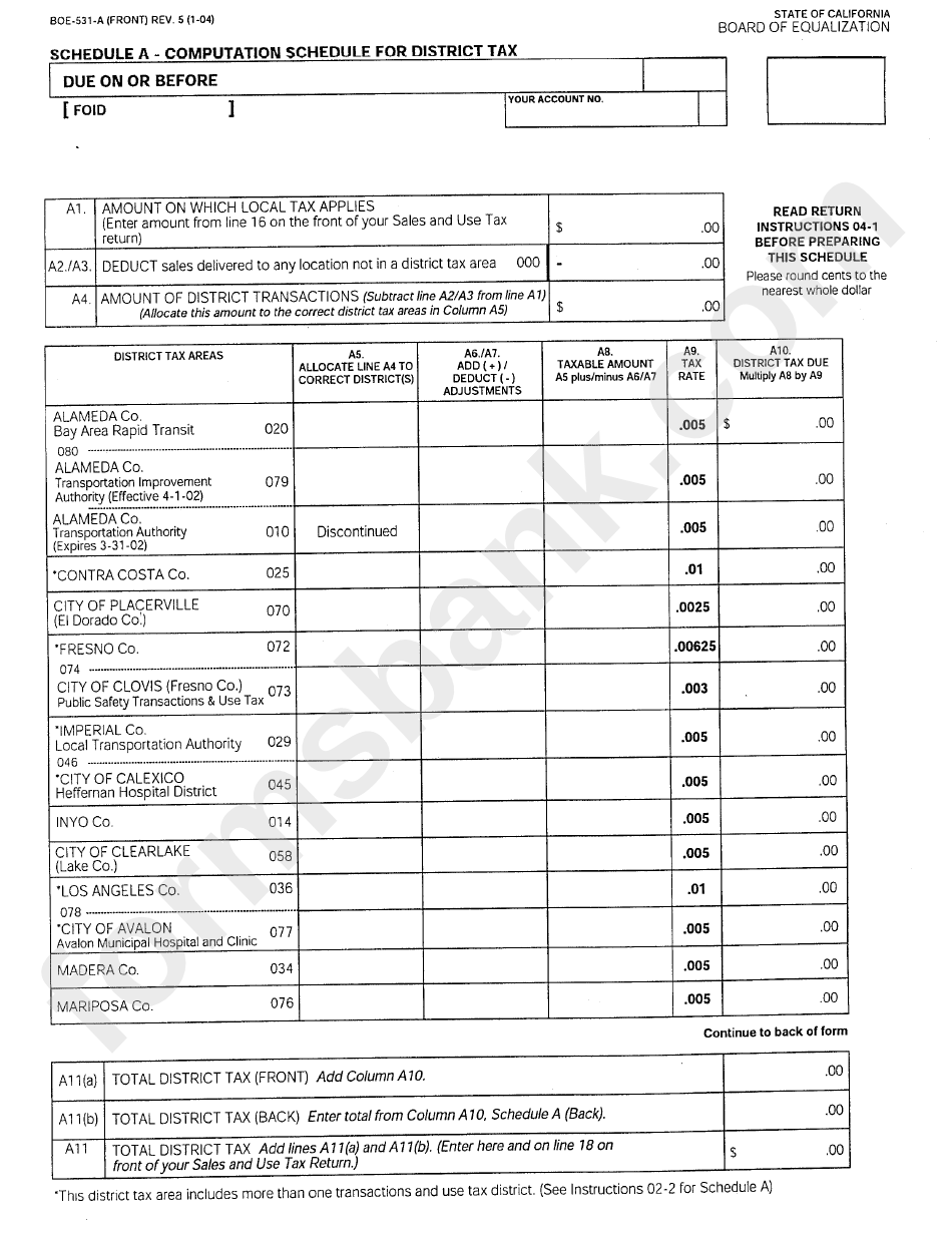 Form Boe-531-A - Schedule A - Computation Schedule For District Tax