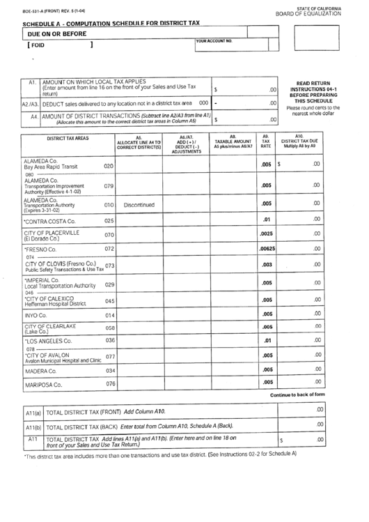 Form Boe-531-A - Schedule A - Computation Schedule For District Tax Printable pdf