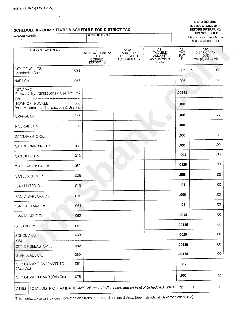 Form Boe-531-A - Schedule A - Computation Schedule For District Tax