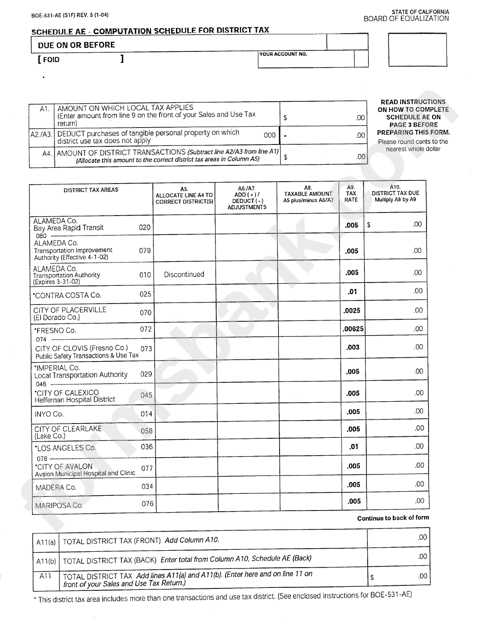 Form Boe-531-Ae (S1f) - Schedule Ae - Computation Schedule For District Tax