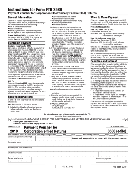 Form Ftb 3586 - Payment Voucher For Corporation E-Filed Returns Printable pdf