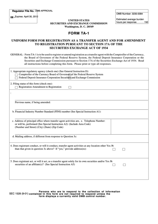 Form Ta-1 - Uniform Form For Registration As A Transfer Agent And For Amendment To Registration Pursuant To Section 17a Of The Securities Exchange Act Of 1934 Printable pdf