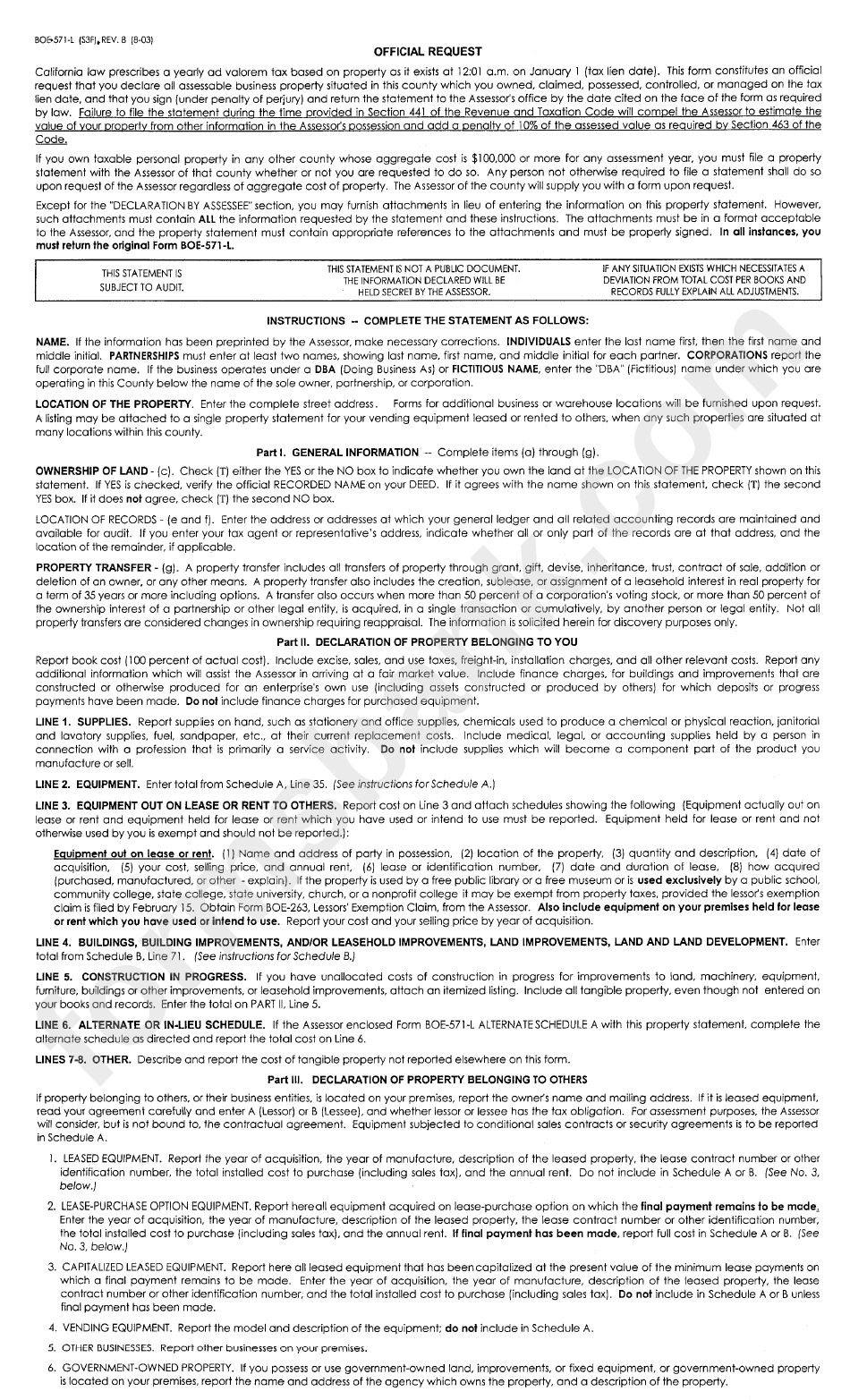 Instructions For Form Boe-571-L - Business Property Statement - 2003