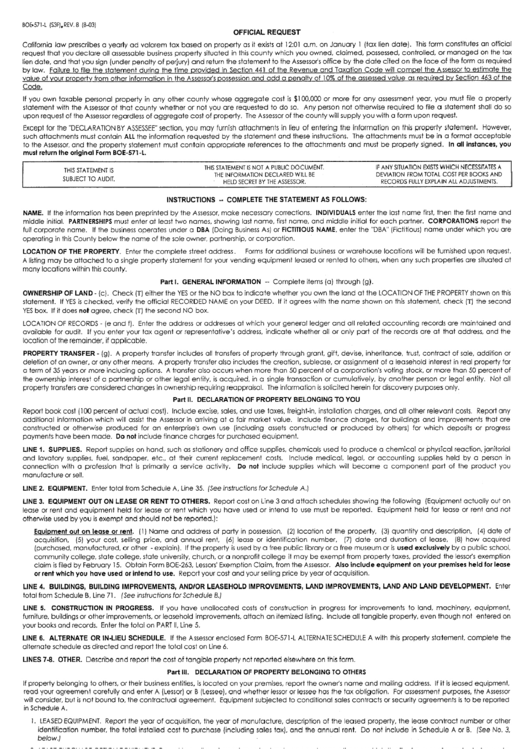 Instructions For Form Boe-571-L - Business Property Statement - 2003 Printable pdf