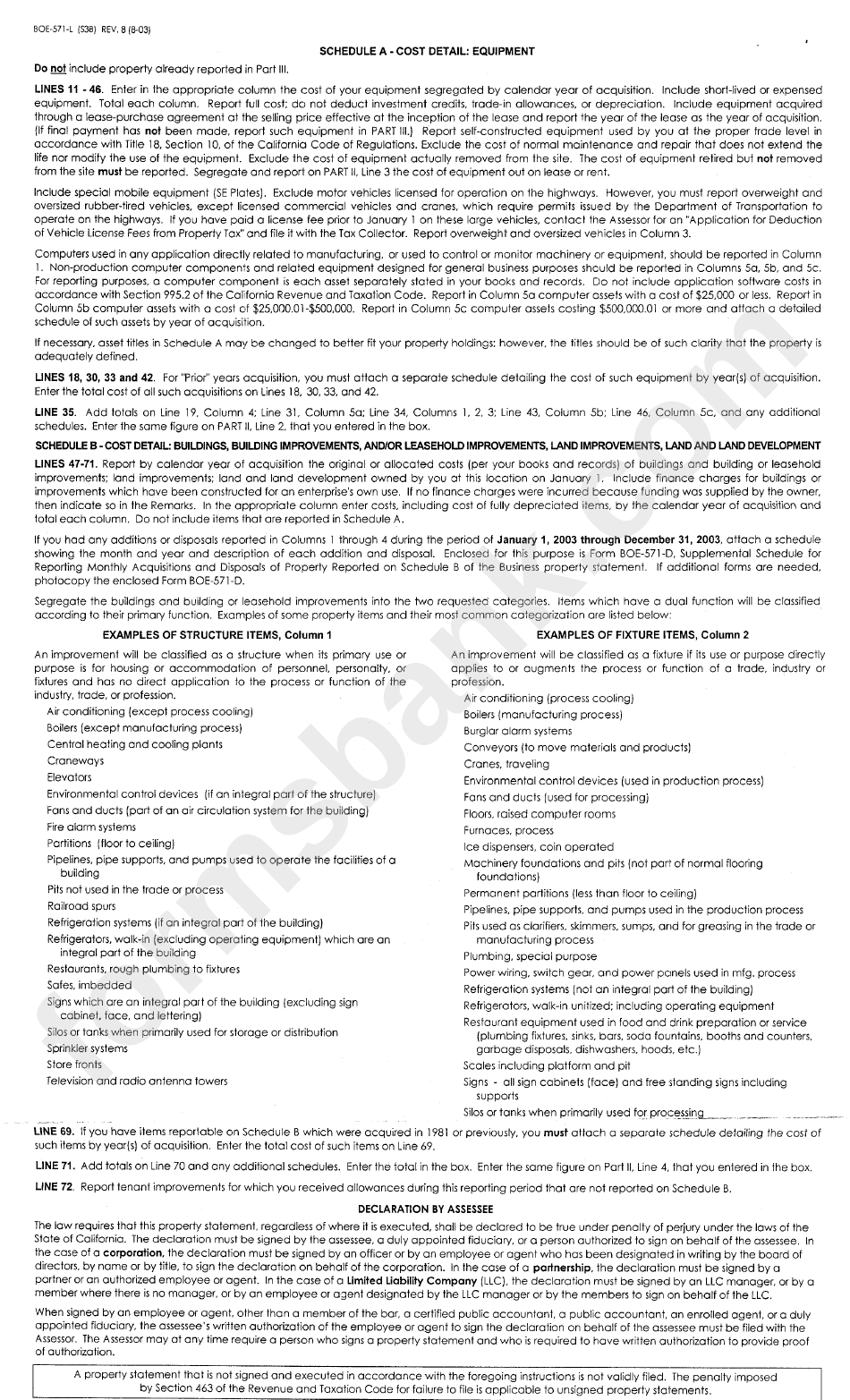 Instructions For Form Boe-571-L - Business Property Statement - 2003