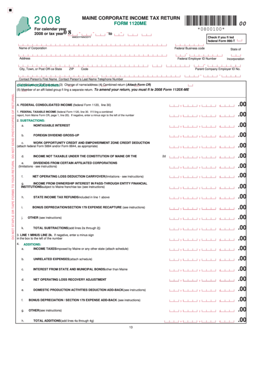 Form 1120me - Maine Corporate Income Tax Return - 2008 Printable pdf