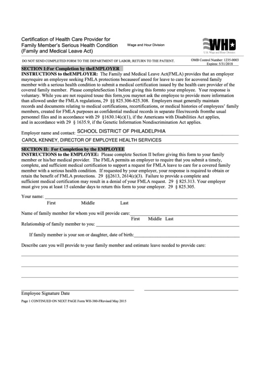 Form Wh-380-f - Certification Of Health Care Provider For Family Member's Serious Health Condition (family And Medical Leave Act)
