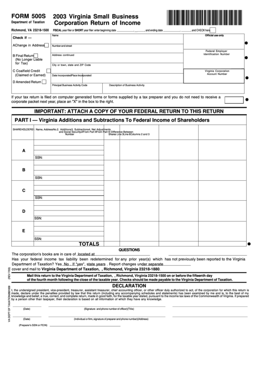 Form 500s - Virginia Small Business Corporation Return Of Income - 2003 Printable pdf