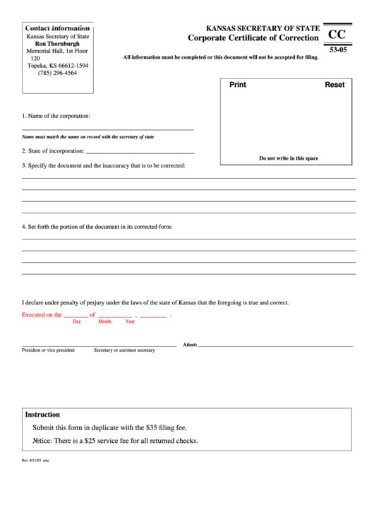 Fillable Form Cc 53-05 - Corporate Certificate Of Correction - 2003 Printable pdf