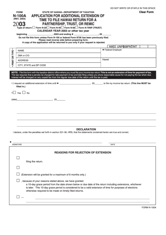 Fillable Form N-100a - Application For Additional Extension Of Time To File Hawaii Return For A Partnership, Trust, Or Remic - 2003 Printable pdf