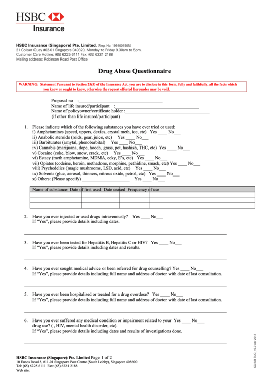 Drug Abuse Questionnaire Form Printable pdf