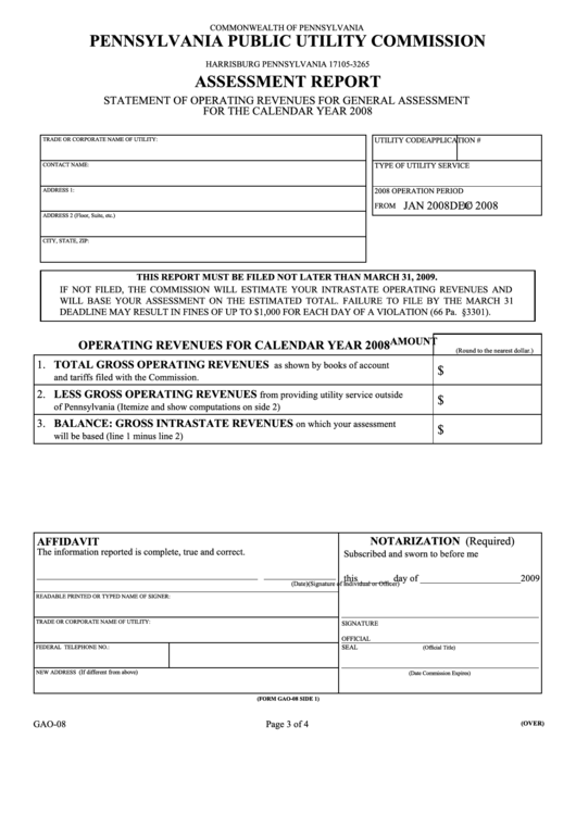 Form Gao-08 - Assessment Report - Pennsylvania Public Utility Commission - 2008 Printable pdf