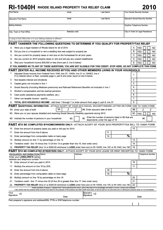 Form Ri-1040h - Rhode Island Property Tax Relief Claim - 2010 Printable pdf
