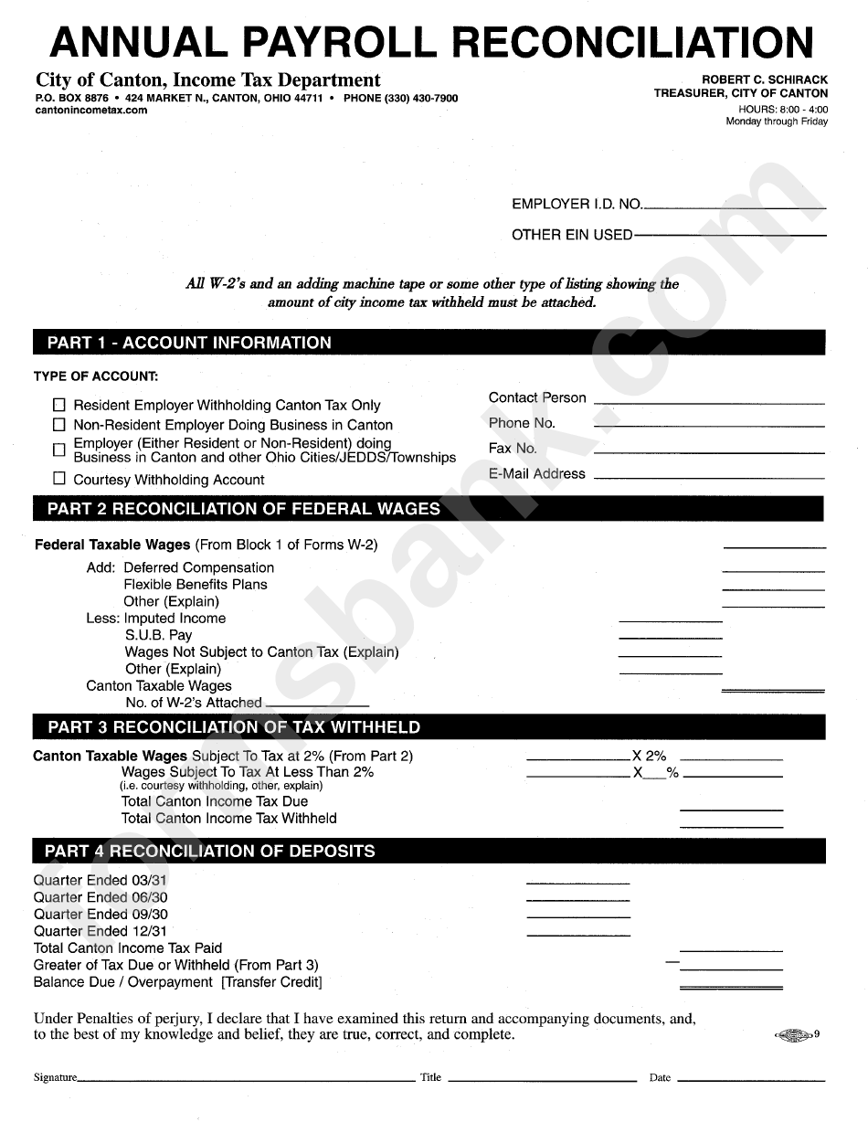 Annual Payroll Reconciliation Form - City Of Canton, Ohio Income Tax Department