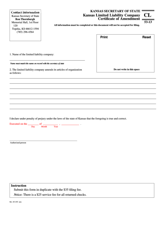 Fillable Form Cl 53-13 - Kansas Limited Liability Company Certificate Of Amendment Printable pdf
