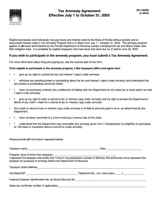 Form Dr-100000 - Tax Amnesty Agreement Effective July 1 To October 31, 2003 Printable pdf