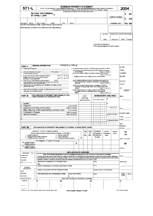 Form 571-L - Business Property Statement - 2004 Printable pdf