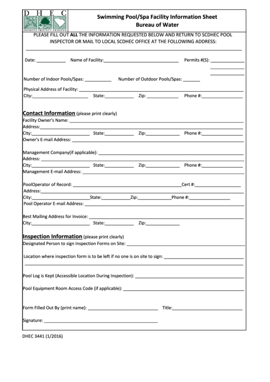 Fillable Form Dhec 3441 - Swimming Pool/spa Facility Information Sheet Bureau Of Water - South Carolina Dhec Printable pdf