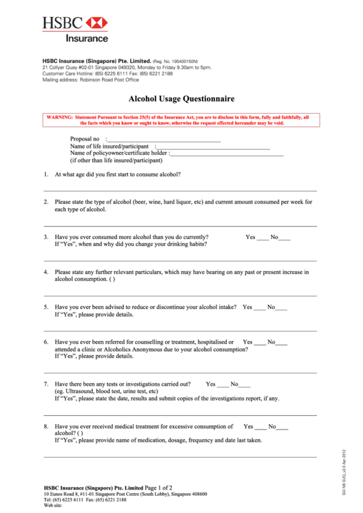 Alcohol Usage Questionnaire Form Printable pdf
