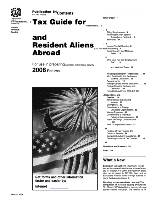 Irs Publication 54 - Tax Guide For U.s. Citizens And Resident Aliens Abroad - 2008 Printable pdf