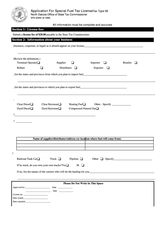 Fillable Form Sfn 22944 - Application For Special Fuel Tax License Printable pdf