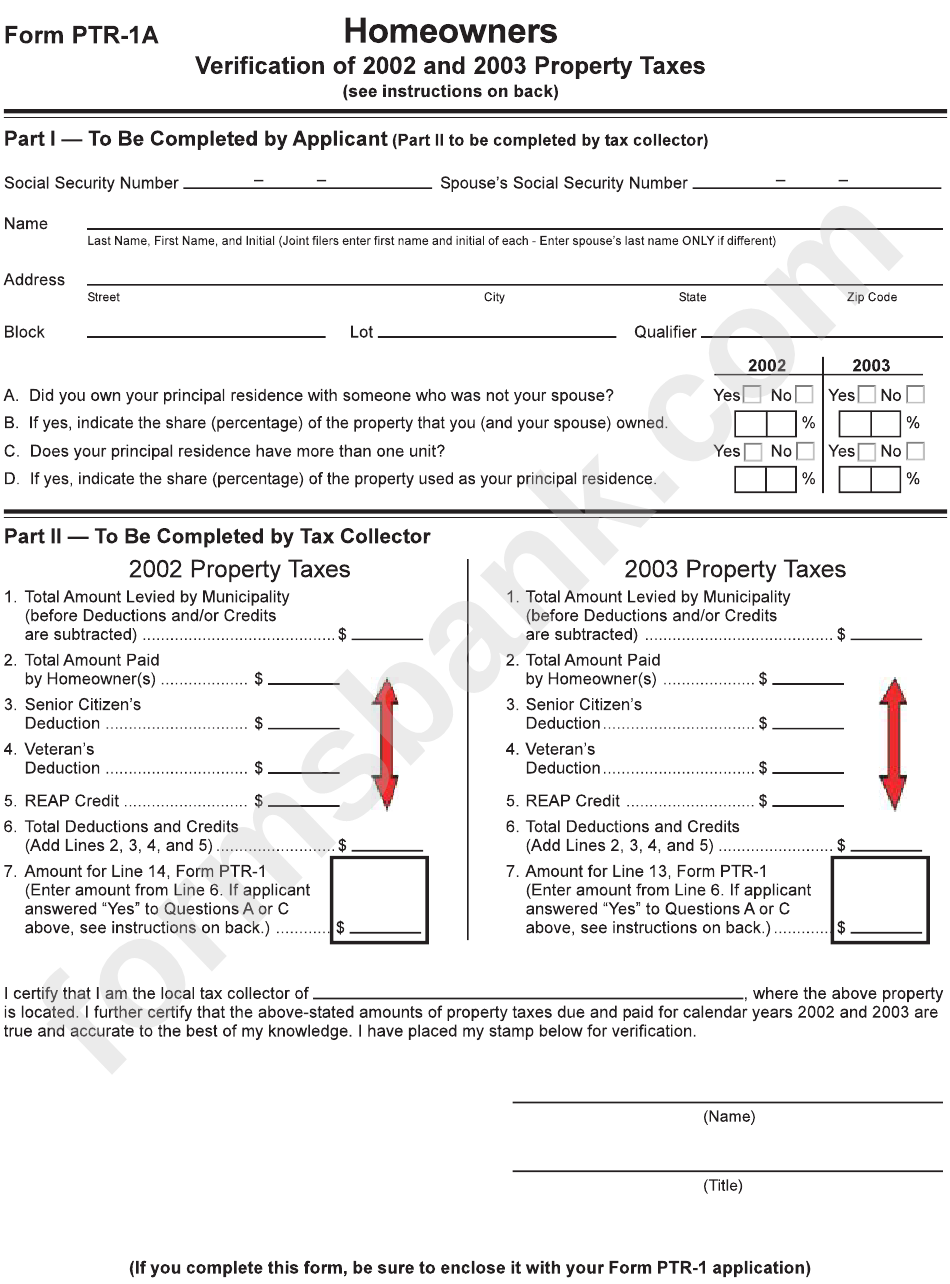 Form Ptr-1a - Homeowners Verification Of 2002 And 2003 Property Taxes