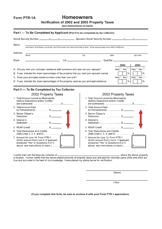Form Ptr-1a - Homeowners Verification Of 2002 And 2003 Property Taxes Printable pdf