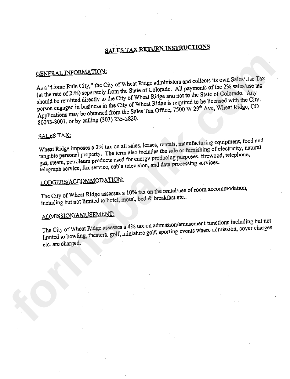 Sales Tax Return Instructions City Of Wheat Ridge printable pdf download