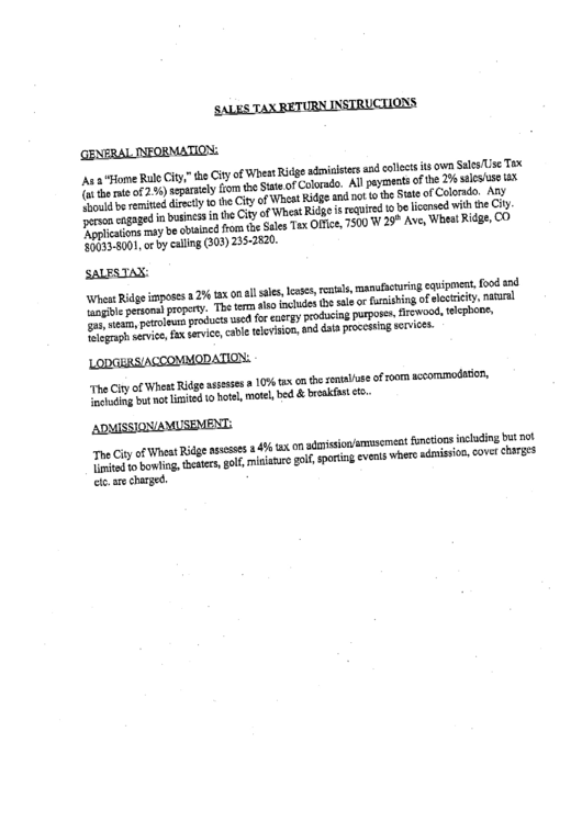 Sales Tax Return Instructions City Of Wheat Ridge printable pdf download