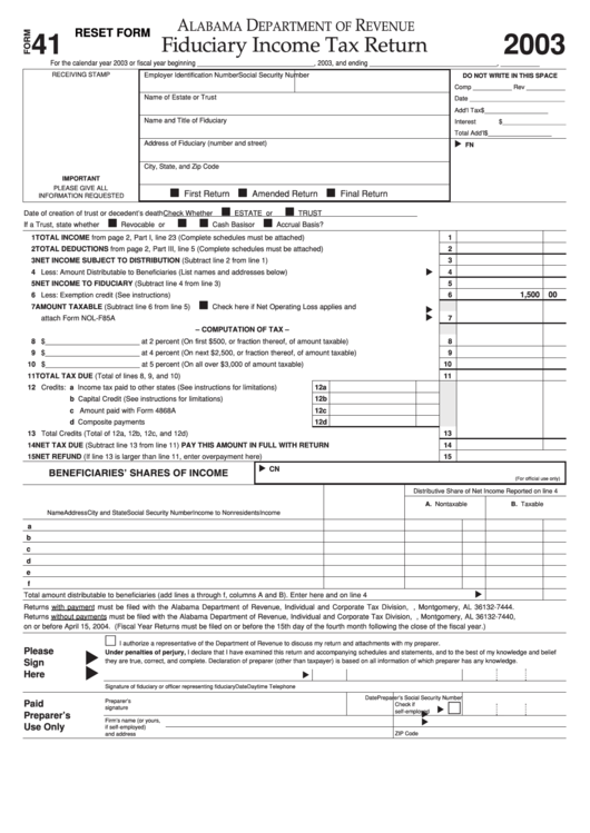 Fillable Form 41 - Fiduciary Income Tax Return - 2003 Printable pdf