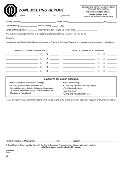 Fillable Zone Meeting Report Form Printable pdf