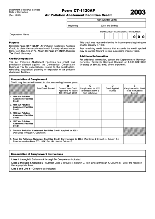 Form Ct-1120ap - Air Pollution Abatement Facilities Credit - 2003 Printable pdf