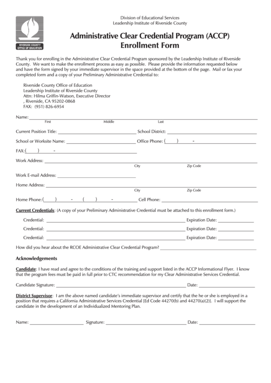 Fillable Form 8405t - Administrative Clear Credential Program (Accp) Enrollment Form - California Division Of Educational Services Printable pdf