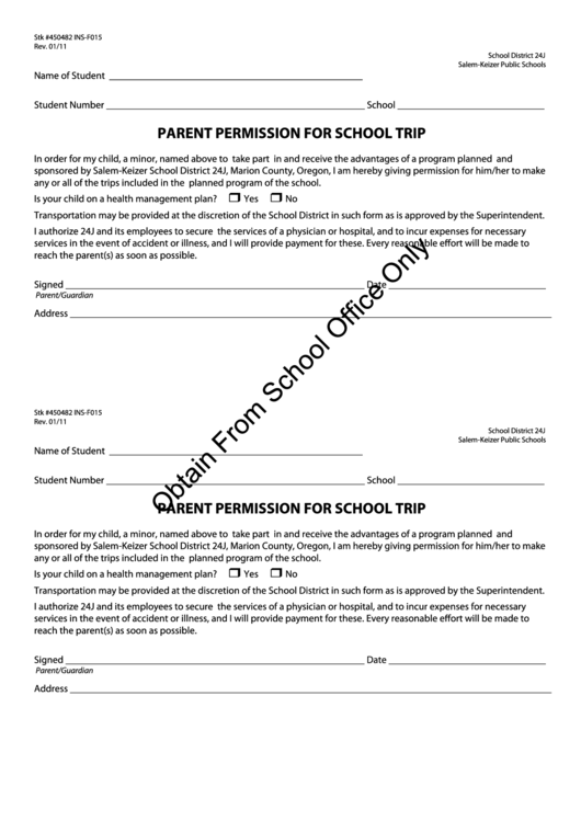 Parent Permission For School Trip Form - School District 24j Printable pdf