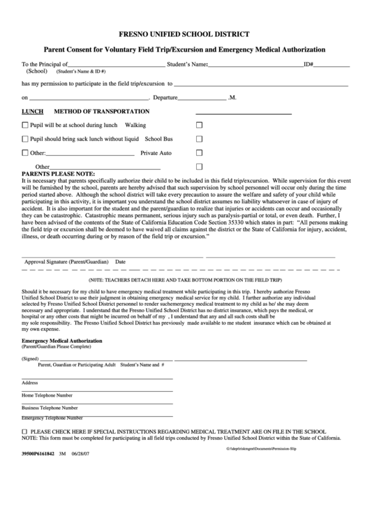 Parent Consent For Voluntary Field Trip/excursion And Emergency Medical Authorization Form - Fresno Unified School District Printable pdf