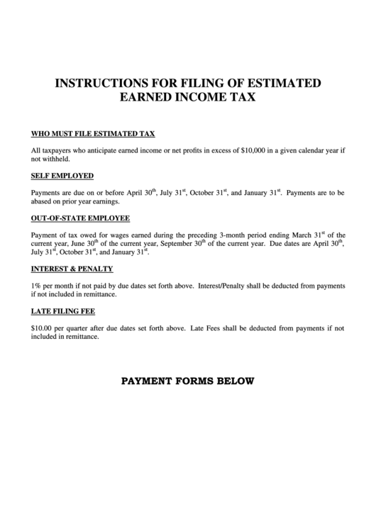 Instructions For Filing Of Estimated Earned Income Tax Printable pdf