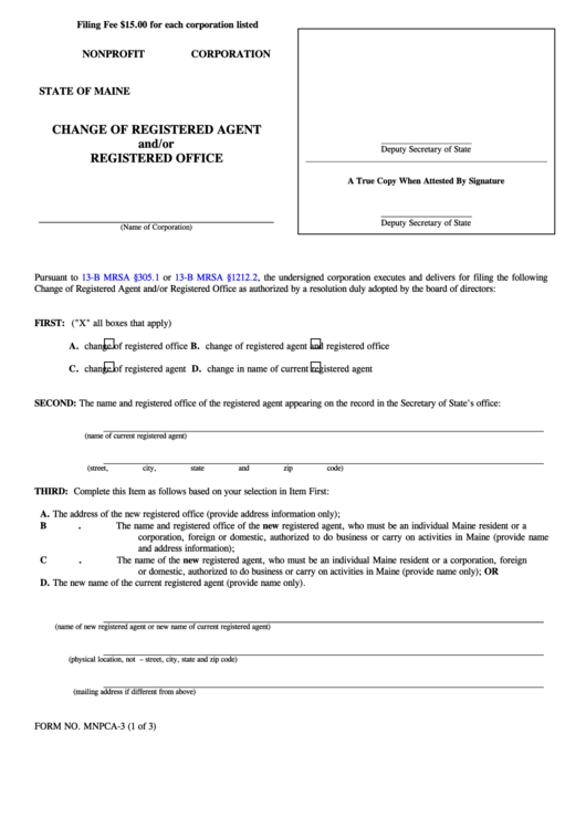 Fillable Form Mnpca-3 - Nonprofit Corporation Change Of Registered Agent And/or Registered Office - 2004 Printable pdf