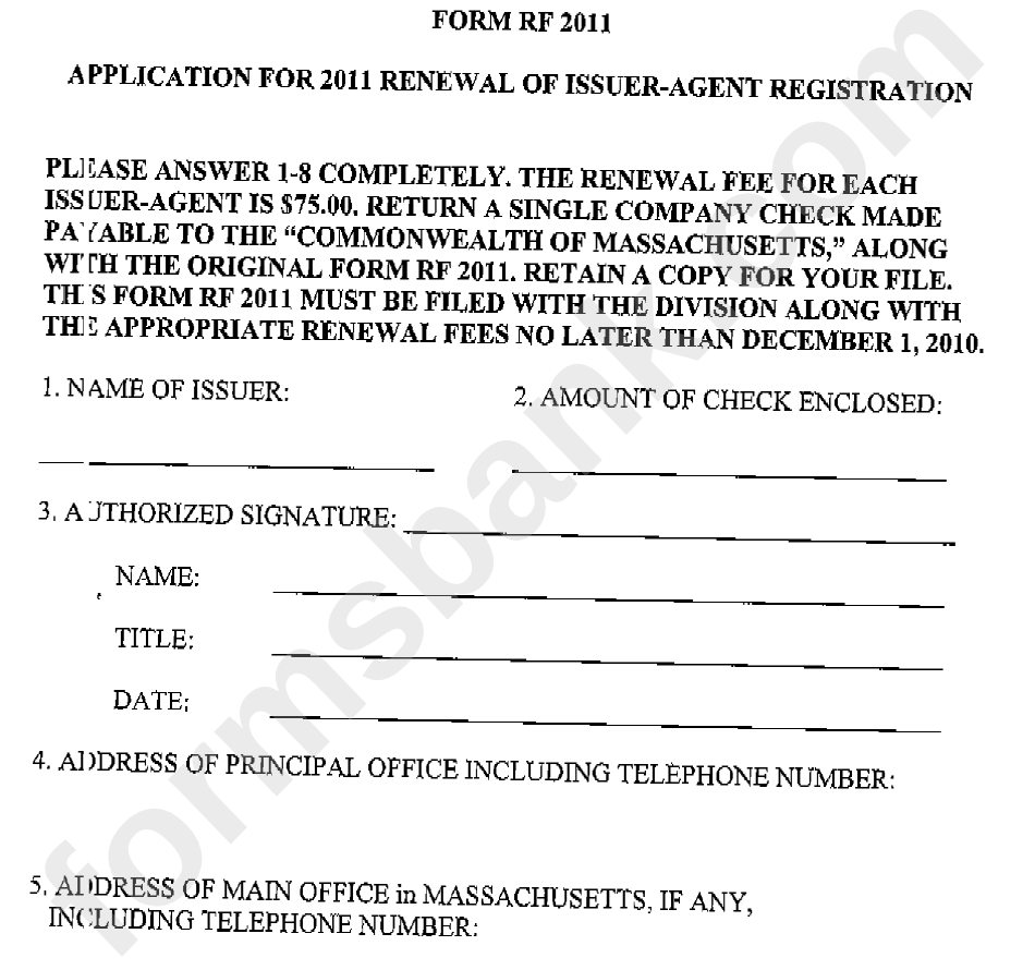 Form Rf 2011 - Application For 2011 Renewal Of Issuer-Agent Registration