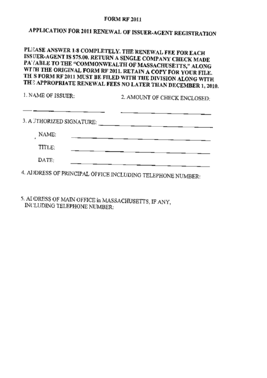 Form Rf 2011 - Application For 2011 Renewal Of Issuer-Agent Registration Printable pdf