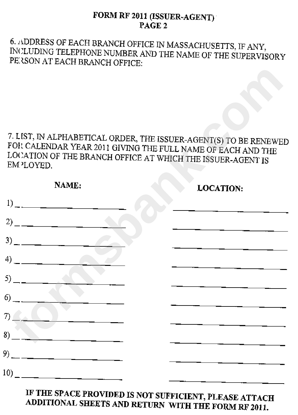 Form Rf 2011 - Application For 2011 Renewal Of Issuer-Agent Registration